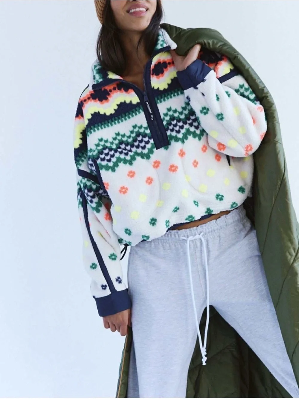 Free People Movement Mountain High Fleece Jacket Isle Knit Ivory Combo